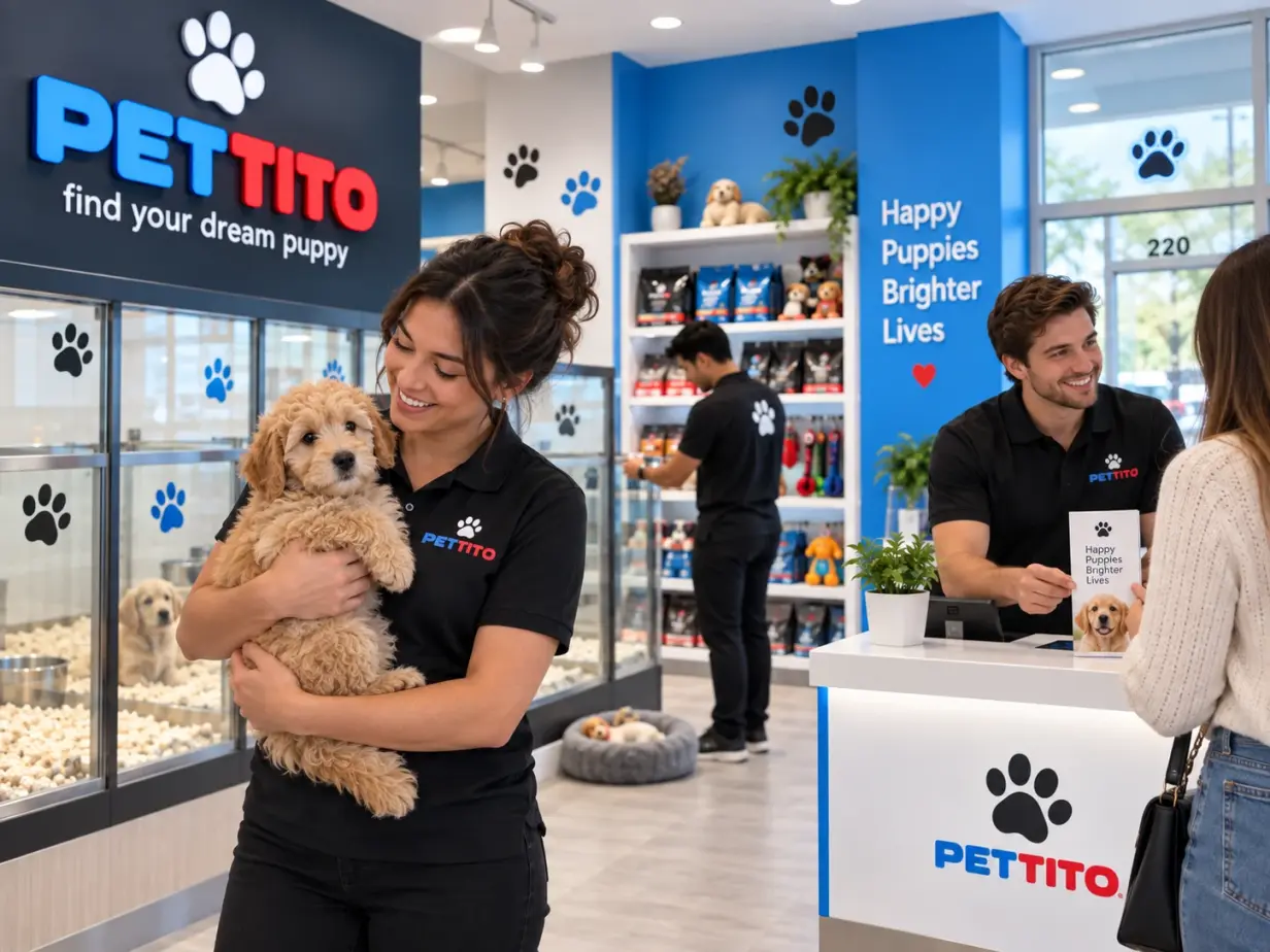 Pettito team member holding a puppy inside the Pettito store