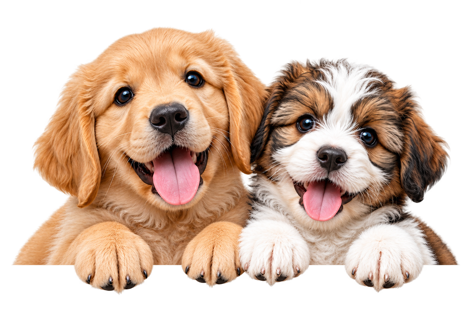 Two happy puppies peeking over the Why Pettito card
