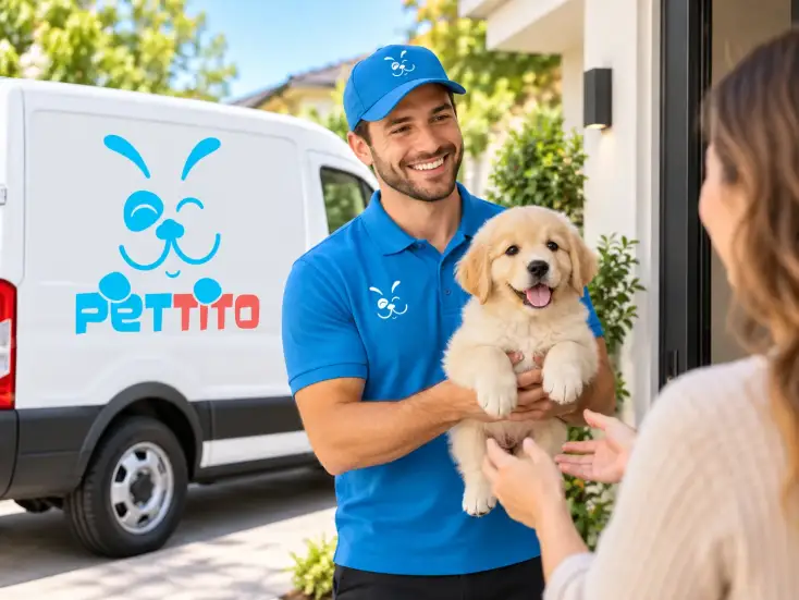 Pettito team member meeting a family at their home with a puppy